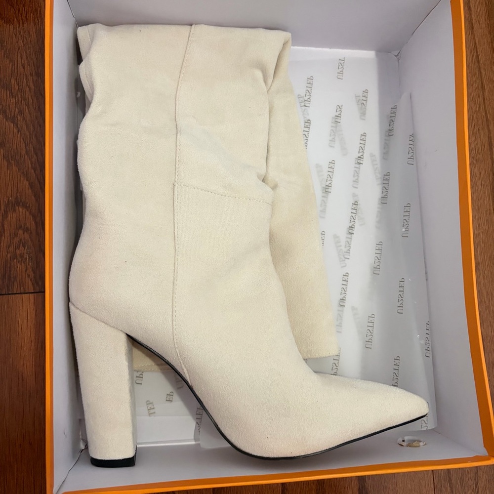 Slouchy cream pointed toe boots